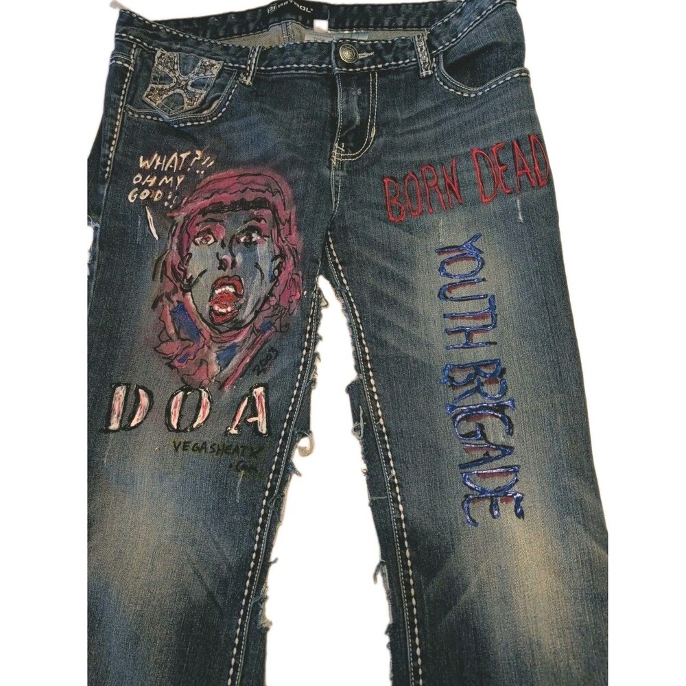 Petrol Custom OOAK Cut Out Chap Jeans Colorful Insert Panels Punk Goth Festival